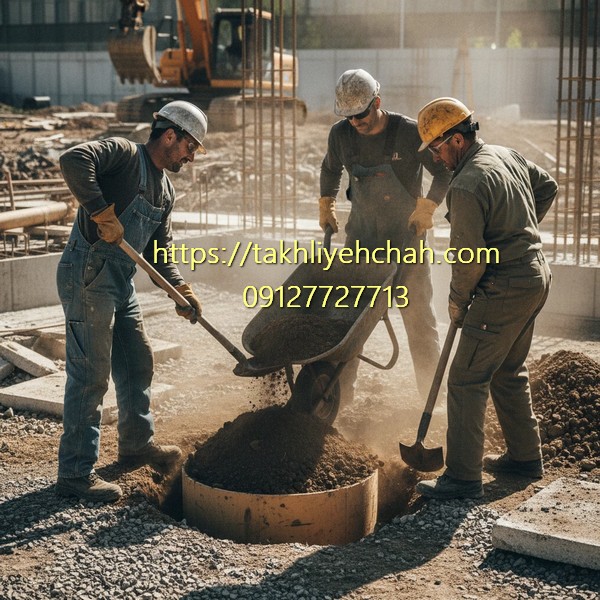 تیم متخصص مقنی در حال پر کردن اصولی و ایمن چاه قدیمی با مصالح استاندارد