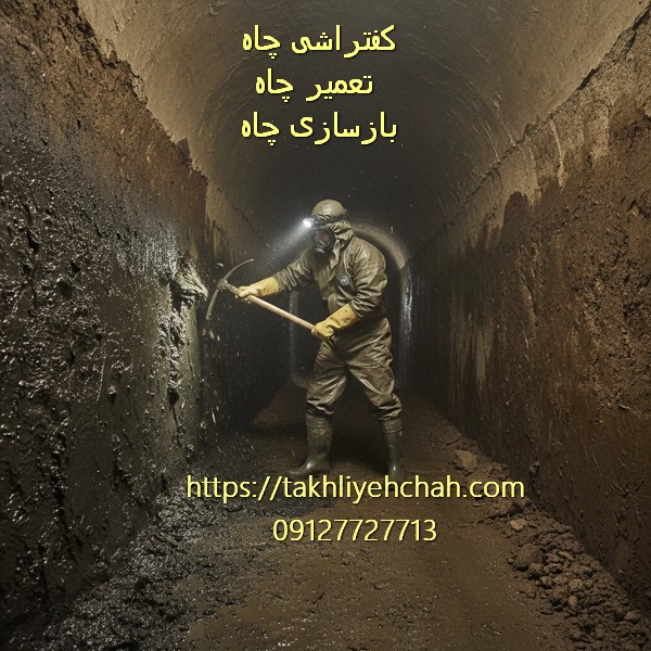 تصویر مقنی در حال کفتراشی و تراش دیواره چاه فاضلاب